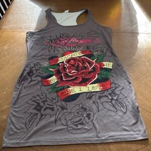 Ed Hardy Racerback Tank Dress XL Dedicated To One Love Rose Print Y2K Graphic